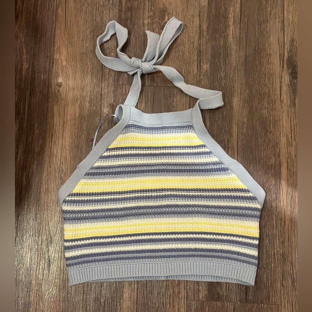 Altar'd State Striped Knit Halter Crop Top in Light Blue, Navy, Cream & Yellow